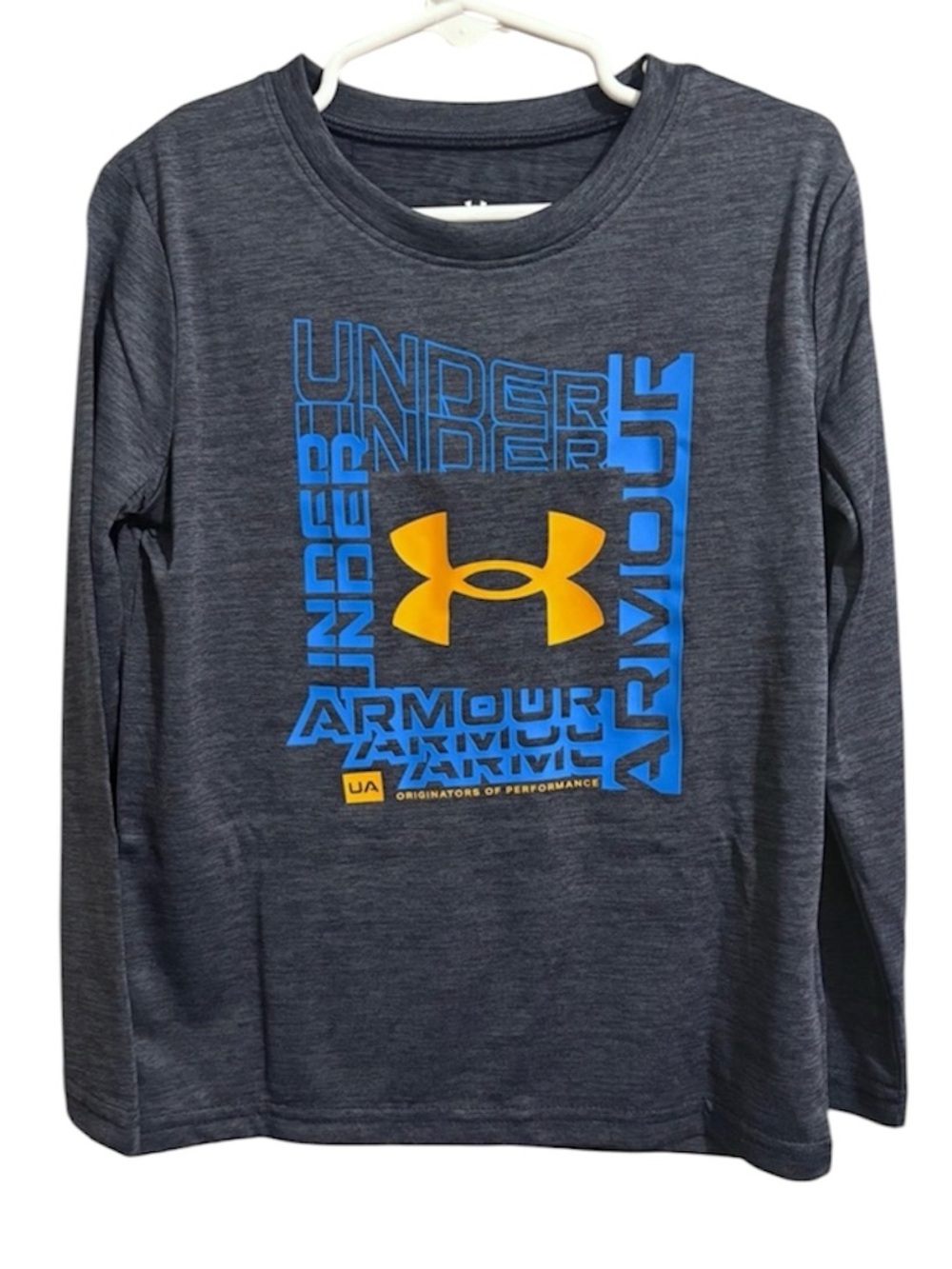 Under Armour Navy Long Sleeve Tee with Yellow Logo and Blue Graphics